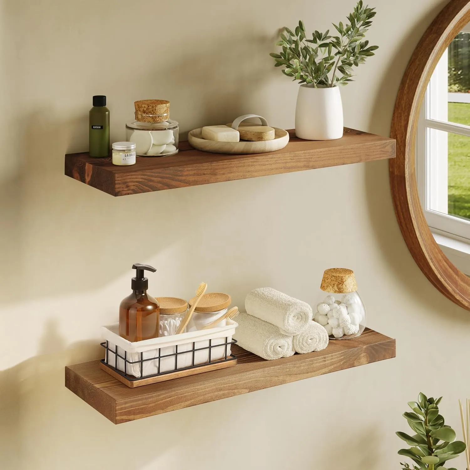 ODEJIA Wood Floating Shelves Set of 2  for Living Room Bedroom Kitchen Bathroom Farmhouse