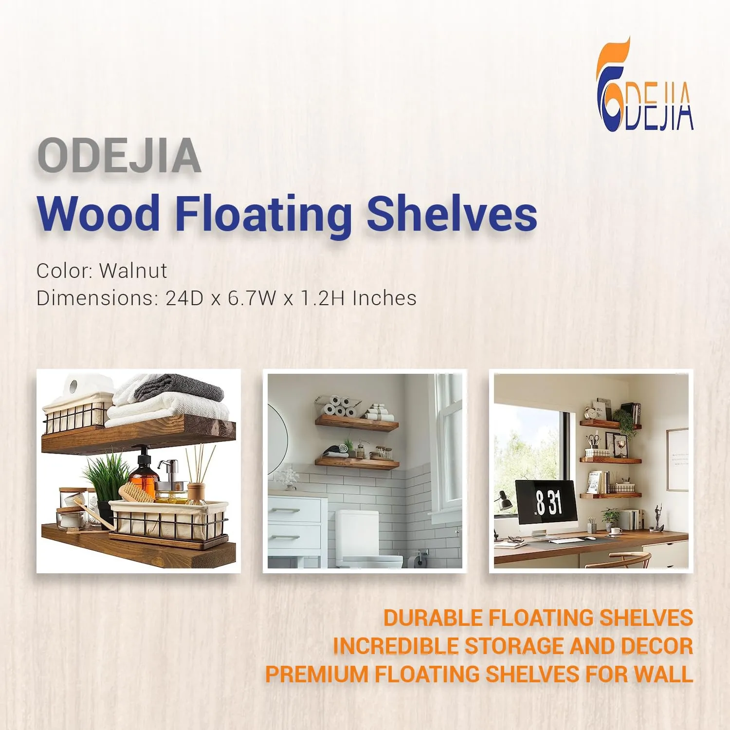 ODEJIA Wood Floating Shelves Set of 2  for Living Room Bedroom Kitchen Bathroom Farmhouse