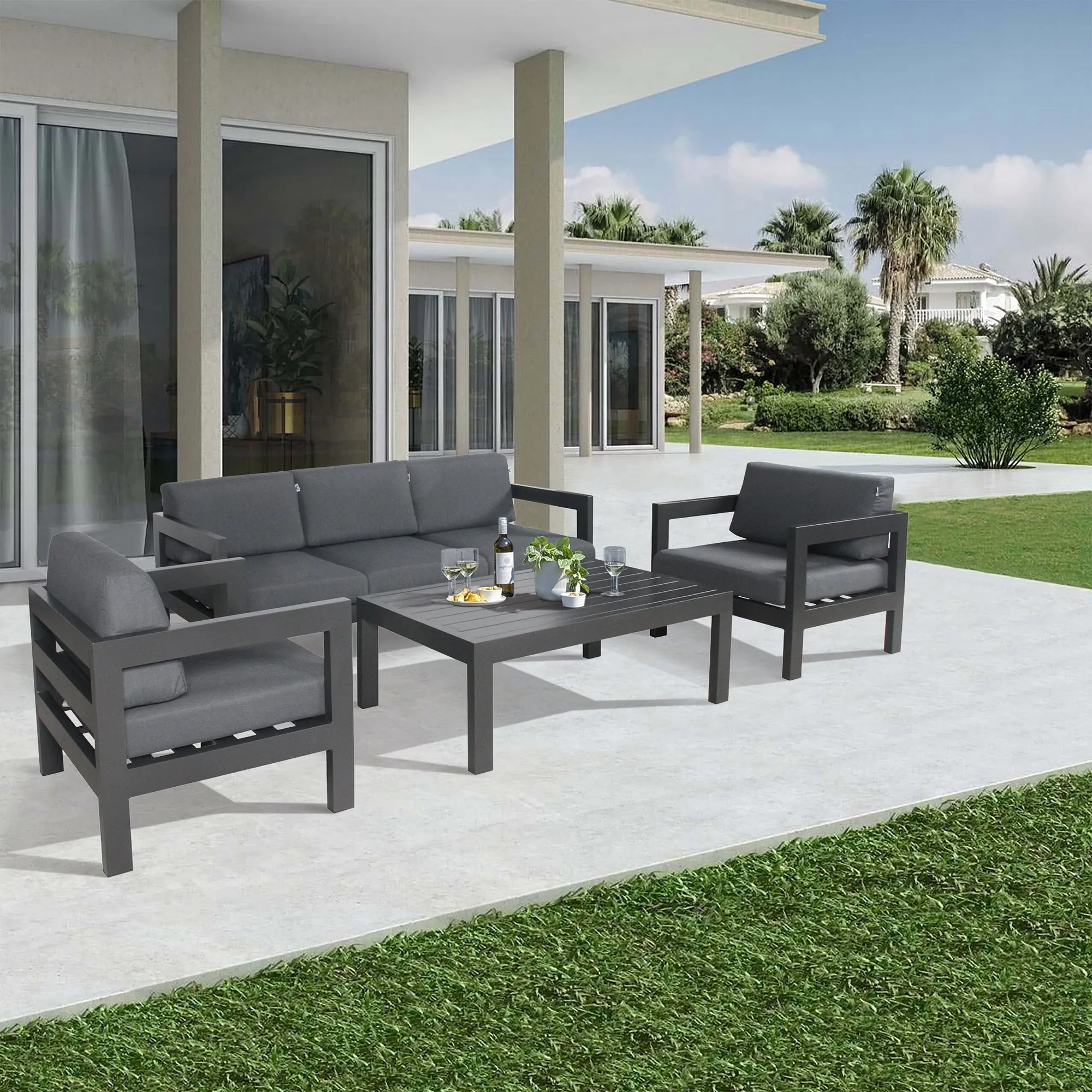 Outie 4pc Set 1 1 3 Seater Outdoor Sofa Lounge Coffee Table Aluminium Charcoal