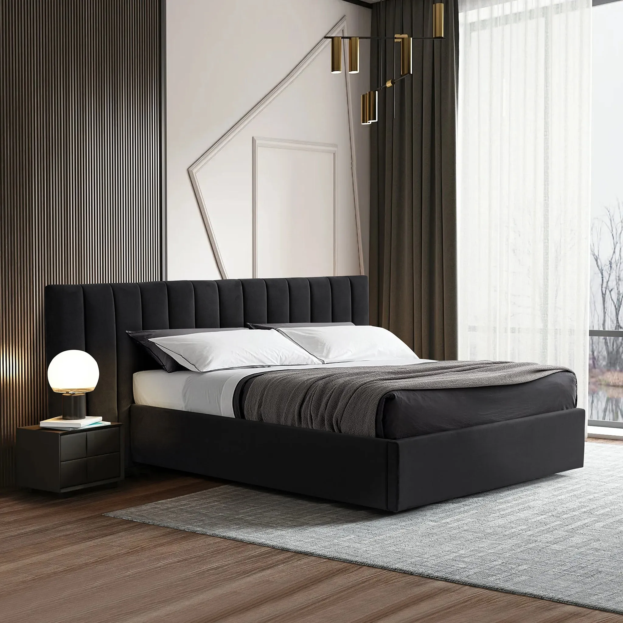 Ralph Wide Base King Sized Bed Frame - Black Velvet with Storage