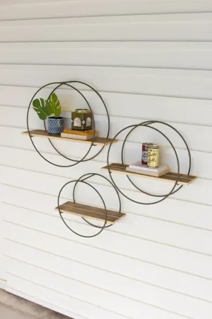 Set Of Three Recycled Wood Shelves With Round Metal Frames