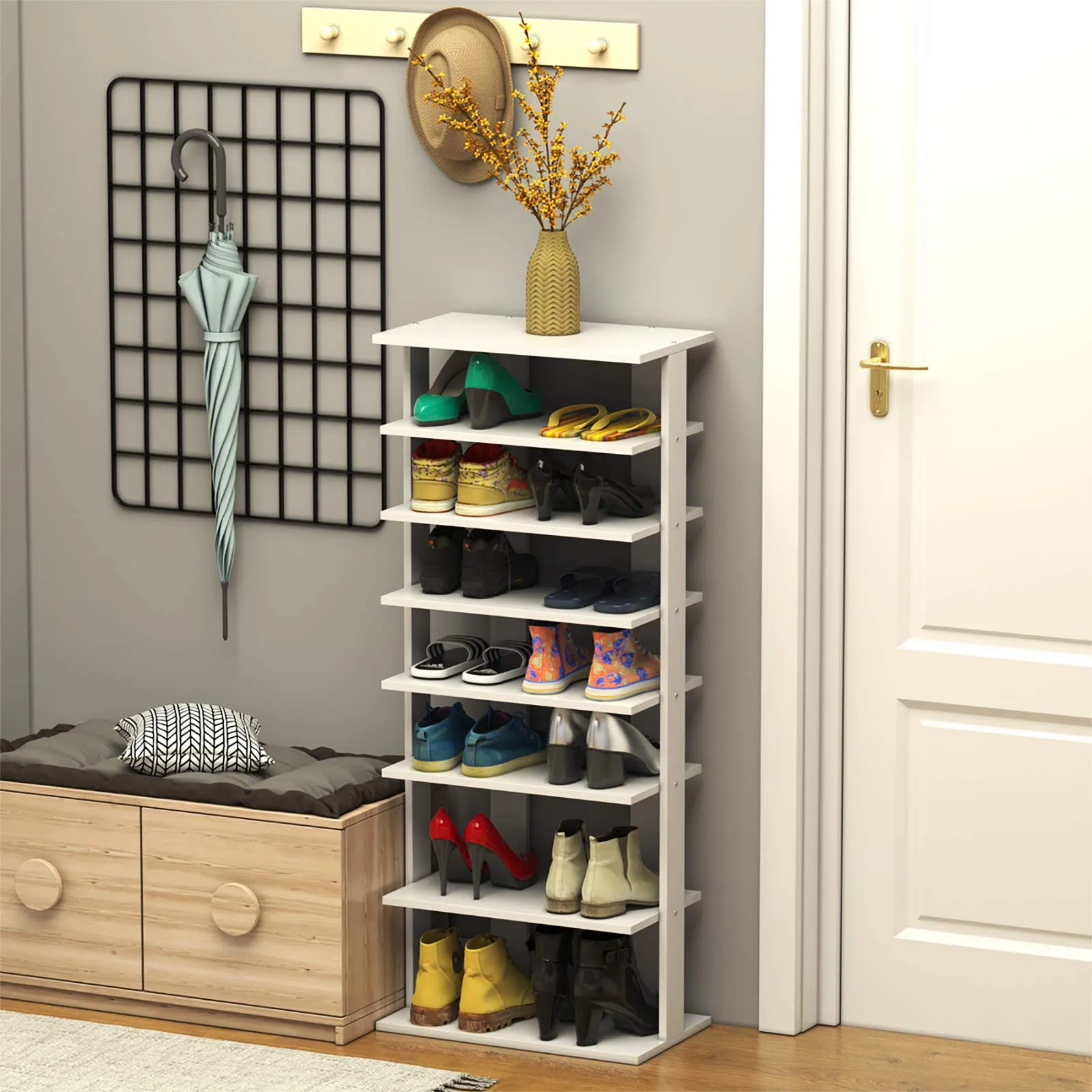 Tangkula 7 Tiers Vertical Shoe Rack, Entryway Slim Wooden Shoes Racks