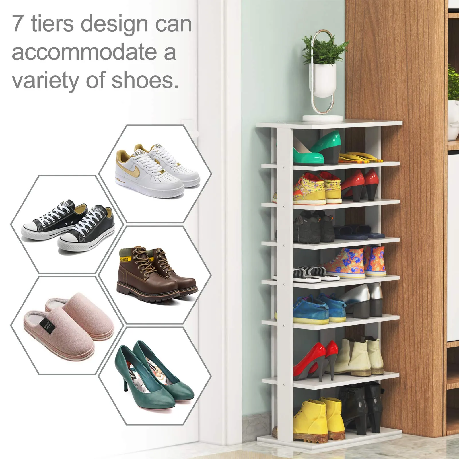 Tangkula 7 Tiers Vertical Shoe Rack, Entryway Slim Wooden Shoes Racks