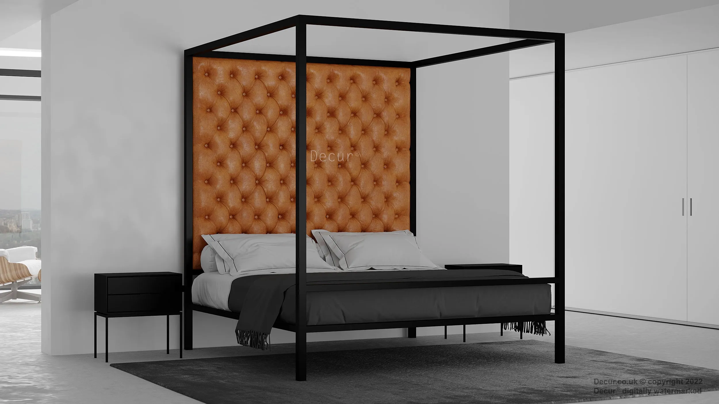 Vegan Leather Four Poster Bed - Tan Super King Sale Immediate Dispatch